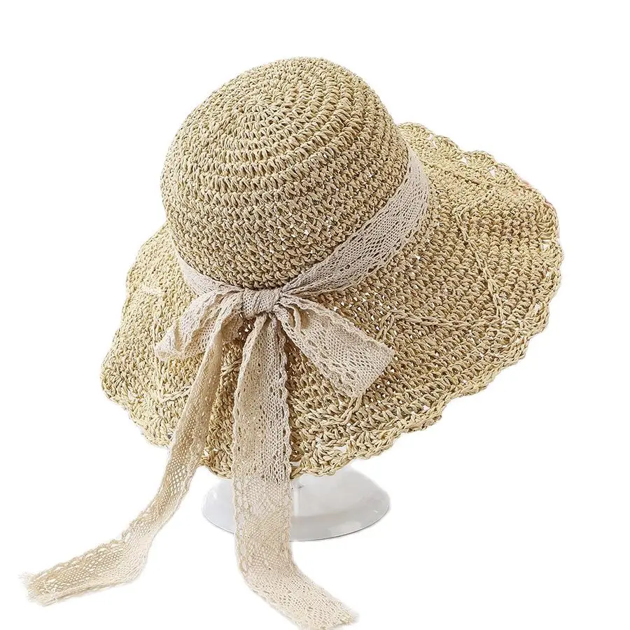 Соломенная шляпа для женщин песчаного пляжа с ручным вязанием крючком и бантом