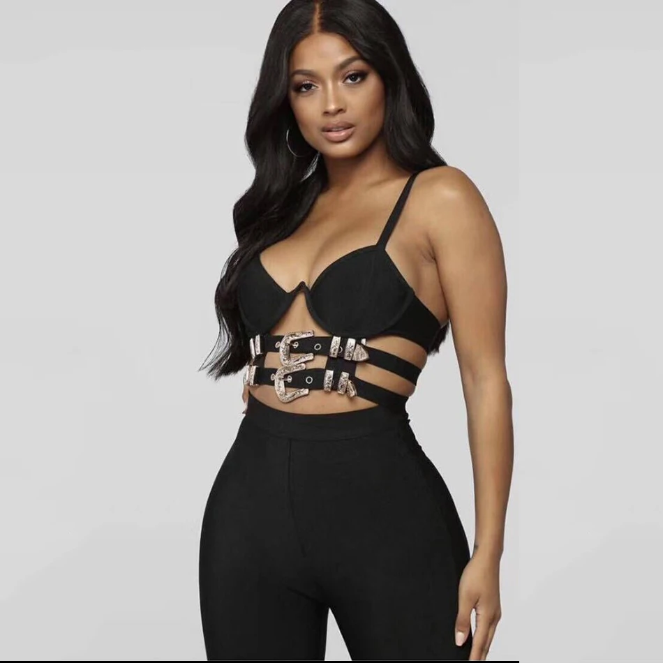 

Free Shipping 2021 New Summer Women's Black Bandage Pants Ser Sexy Spaghetti Strap Hollow Vest Top & Pencil Pants Two-piece Set