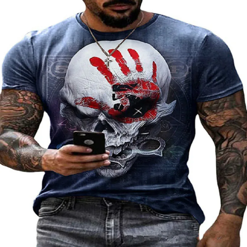 

Summer men's T-shirt European and American street style grid finger horror skull 3D printing loose plus size O-neck shirt 2021
