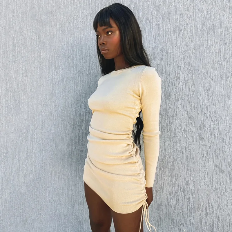 

Knitted Drawstring Sexy Bandage Dresses Long Sleeve High Waist Autumn Winter Women Mini Party Dress Ruched Bodycon women dress