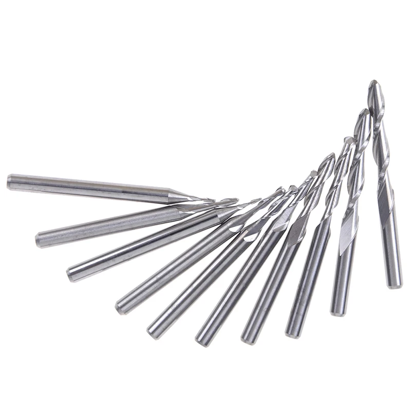 

10pcs End Milling Cutter Set Shank Carbide Ball Nose 1mm-3.175mm 2 Flutes 1/8 Inch CNC Cutting Tool End Mills For Wood Working