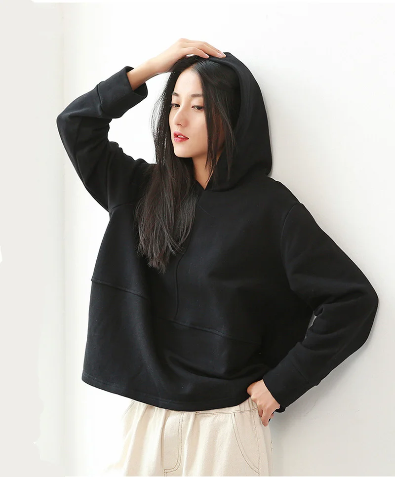 

Женский Осенний Свободный пуловер с капюшоном, однотонные повседневные толстовки с длинным рукавом, Женский Топ в японском стиле