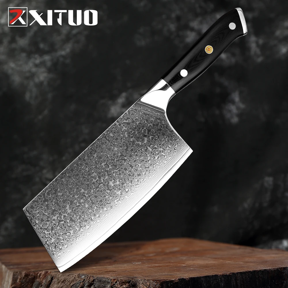 

XITUO 7 Inch Meat Chopping Cleaver Knife Slicing Vegetable Butcher Knife Damascus Steel G10 Handle Kitchen Cooking Chef Knives