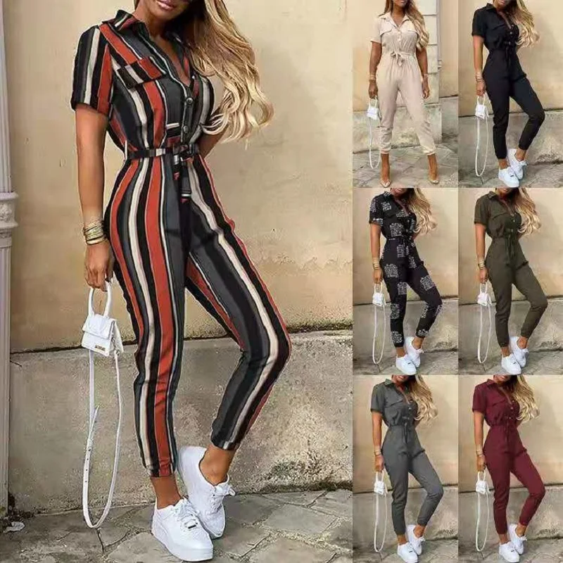 

2021 Women Casual Print Buttoned Jumpsuit High Waist Cargo Pants Bodysuit Summer Female Short Sleeve Slim Jumpsuits AB250