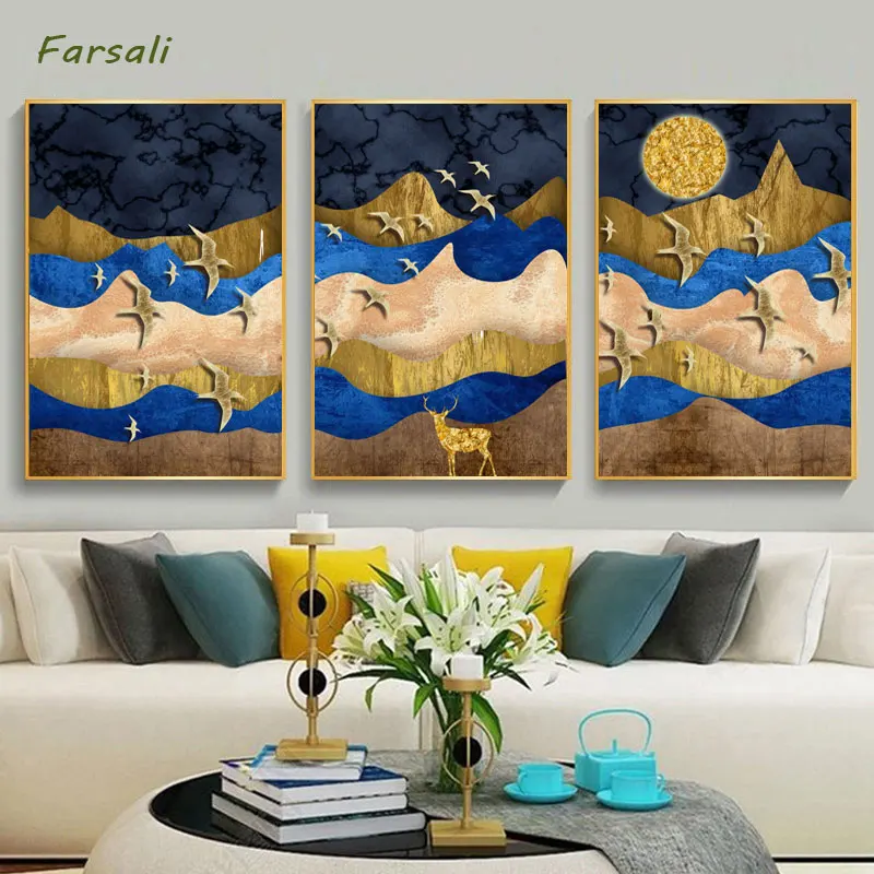 Abstract Moon Wall Art Canvas Painting Golden Mountain Birds Nordic Posters and Prints Pictures for Living Room Home Décor | Дом и сад