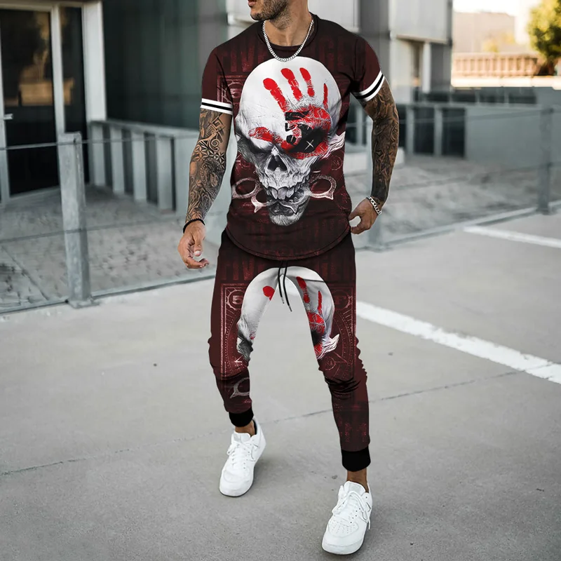 

Skull 3D Printing Men's Suit Hip-Hop Rock Punk T-shirt + Sports Pants 2-Piece Set Of 2021 Summer New Casual Sports Streetwear