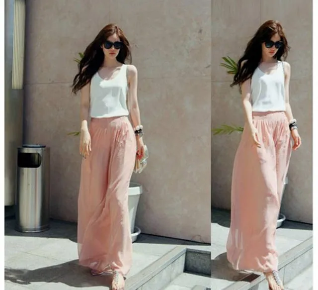 

Womens Summer Streetwear Chiffon Culottes Loose Palazzo Skirt Pants Women High Elastic Waist Wide Leg Trousers Blue Pink Black