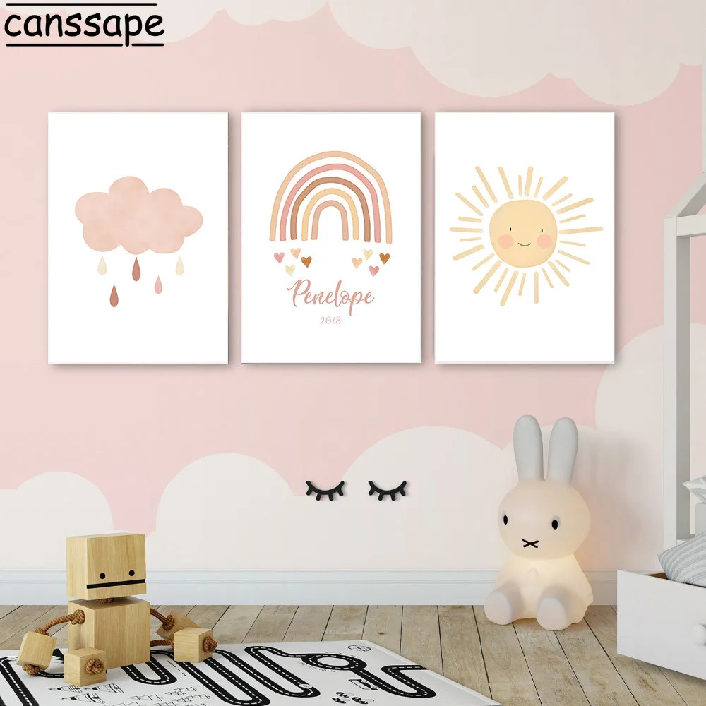 Солнце облако Радуга Печать пользовательское имя Рождение Холст плакат