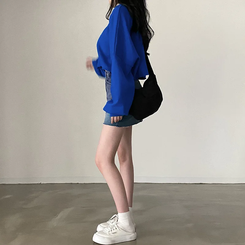 Женские толстовки свитшоты Осенние повседневные винтажные синие укороченные