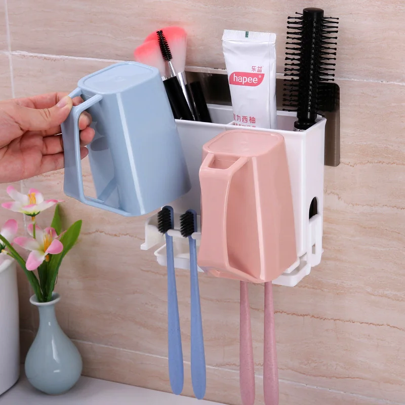 

Multifunctional Toothbrush Holder Storage Box Bathroom Kitchen Family Wall Stand Toiletries Toothpaste Storage Makeup Rack