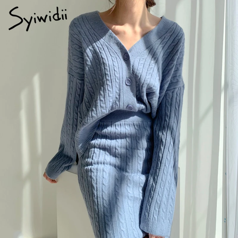 Syiwidii Knit 2 Piece Set Sweater Cardigans Midi Skirts Woman Fall Winter 2021 Elastic Band High Waist Long Skirt Office Outfits |