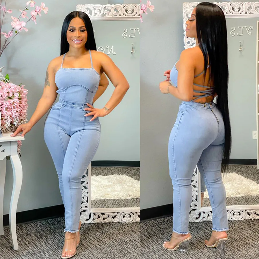 Женский джинсовый комбинезон на бретелях-спагетти Облегающий с открытыми