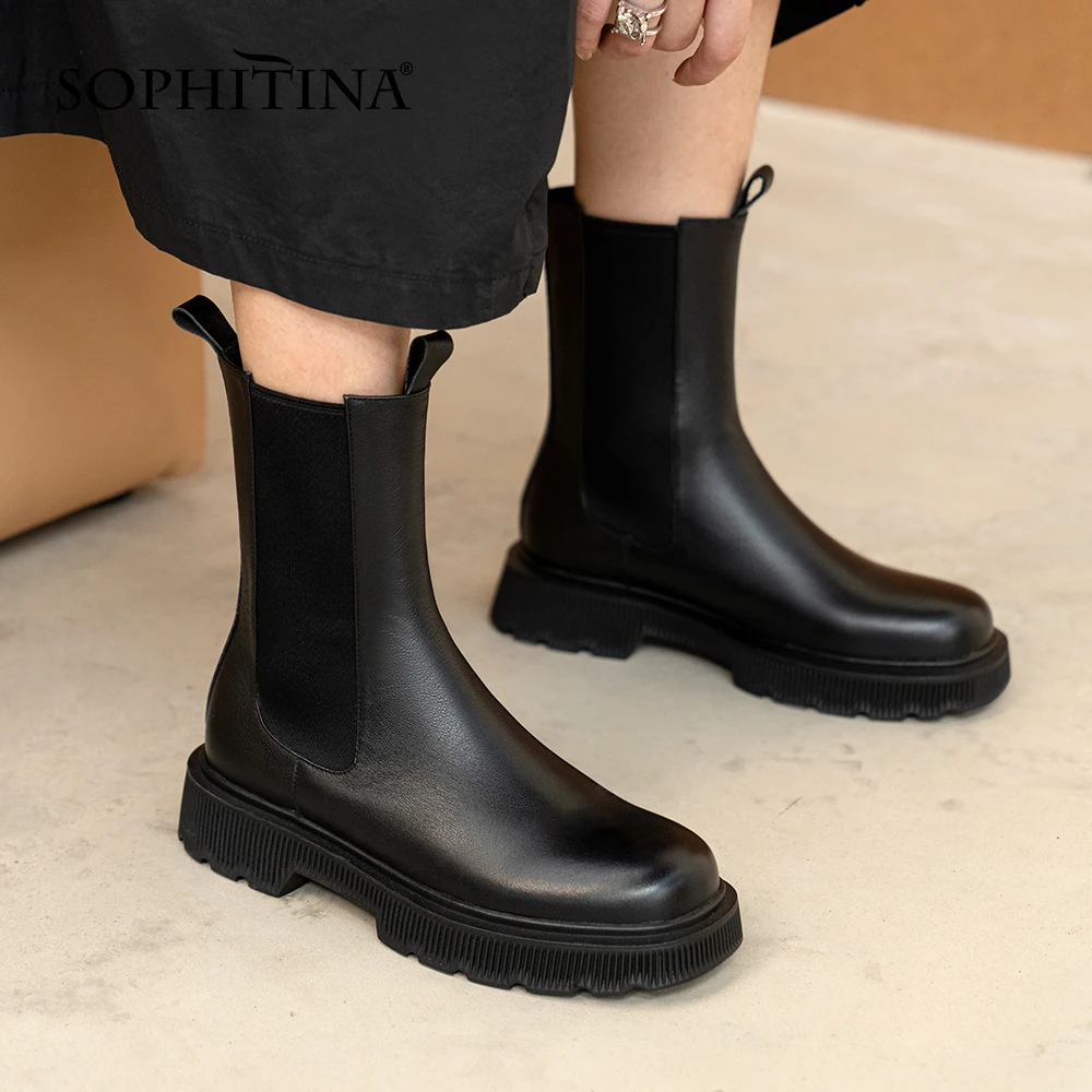 

Женские ботинки челси SOPHITINA, однотонные универсальные туфли с круглым носком, без застежки, повседневная обувь до середины икры, HO149
