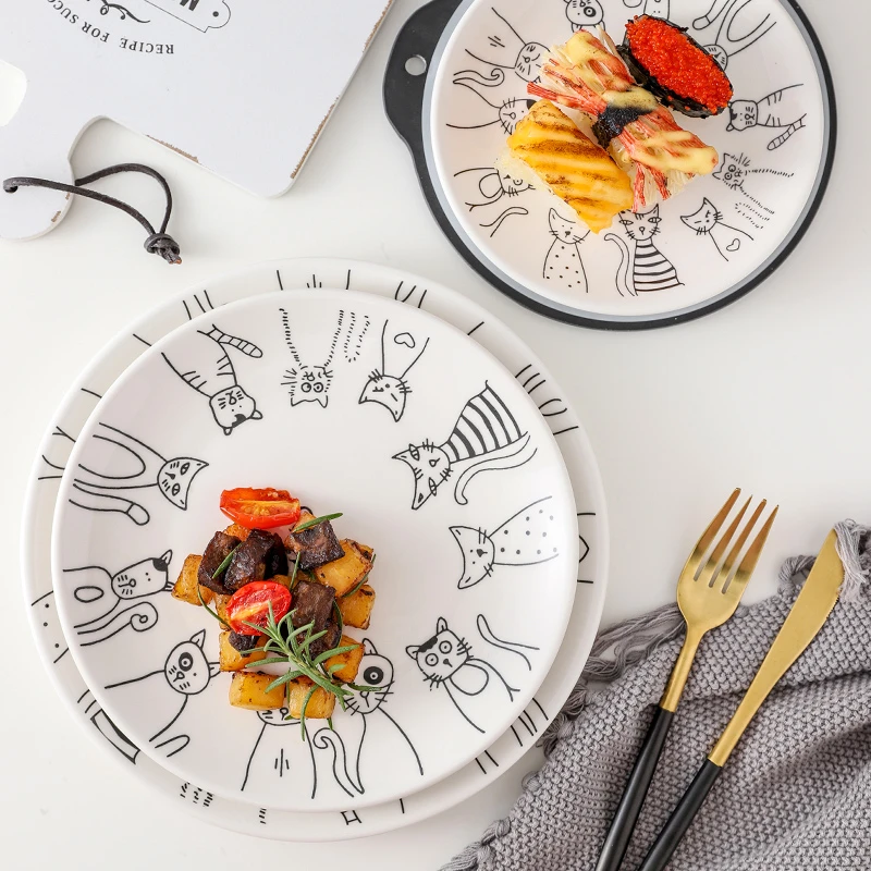Оригинальная керамическая тарелка с кошачьим узором основная десерт сердечком