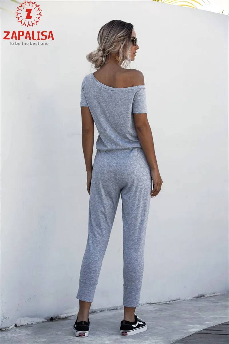 

Fashion Women Summer Solid Color Jumpsuits Drawstring Design Pockets Decor Oblique Collar Short Sleeve Mid Waist Slim