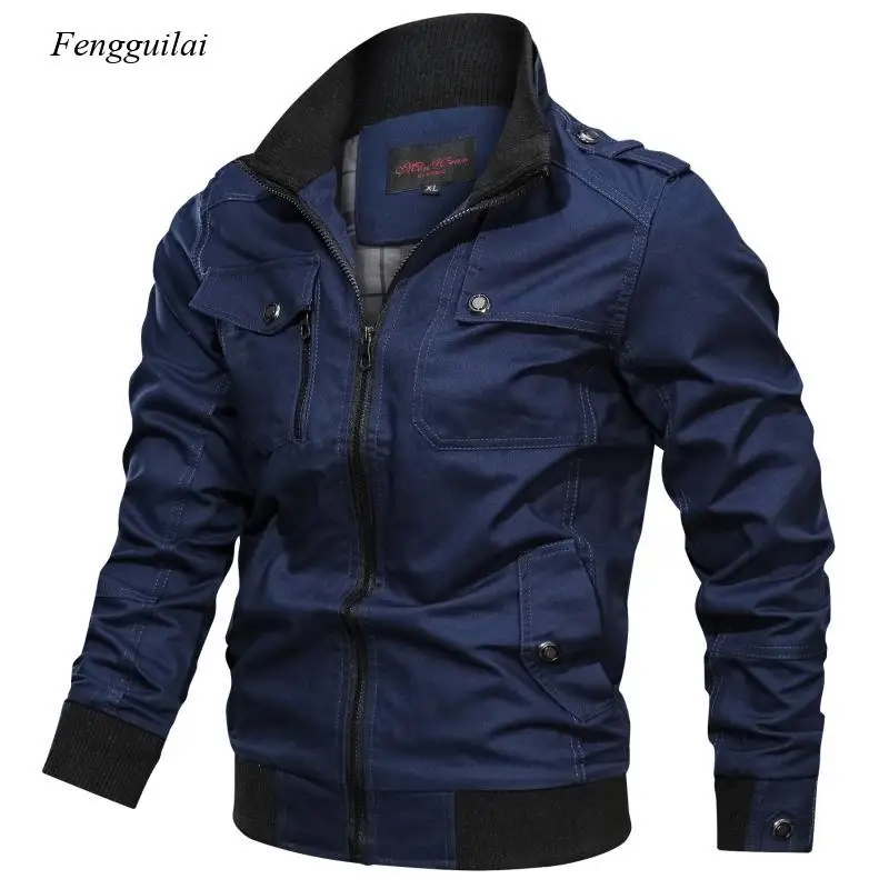 

2021 Winter Jacket Men's Spring Zipper Pocket Stand Collar Windbreaker Solid Color Jacket Large Size Bomber Jacket