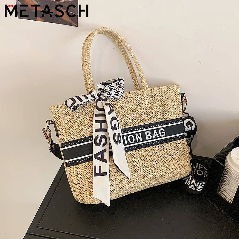 

METASCH Summer Straw Crossbody Bags Woven Shoulder Bags Women Casual Scarf Design Totes Ladies Large Capacity Shipping Handbag