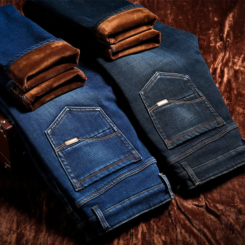 

Men Brand 2020 New Winter Warm Jeans Flannel Stretch High Quality Jean Trousers Men Spring Casual Fashion Business Men's Pants
