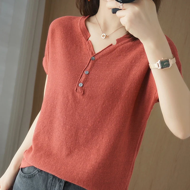 2020 New Cotton and Knit Short-Sleeved Female V-Neck Loose Loose Thin T-shirt Summer Half-sleeved Shirt Solid Color Bottoming