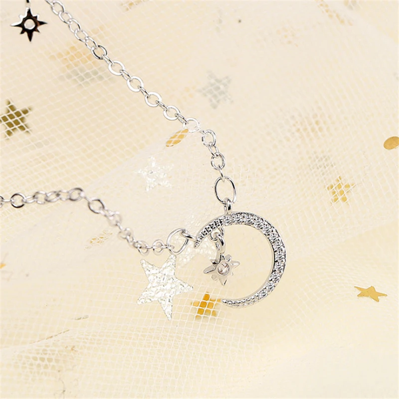 

Luxury Trendy Tibetan Sliver Moon Star Necklace Cubic Stone Korean Fashion Six-Star Chain Chokers Necklace for Women Best Friend