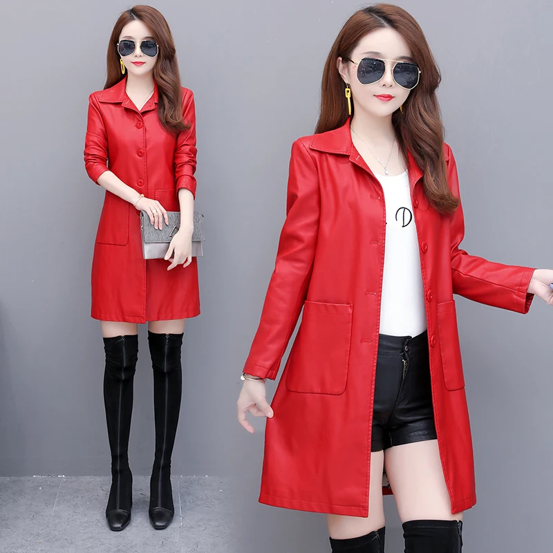 Весенняя куртка Женское пальто из искусственной кожи средней длины осенняя