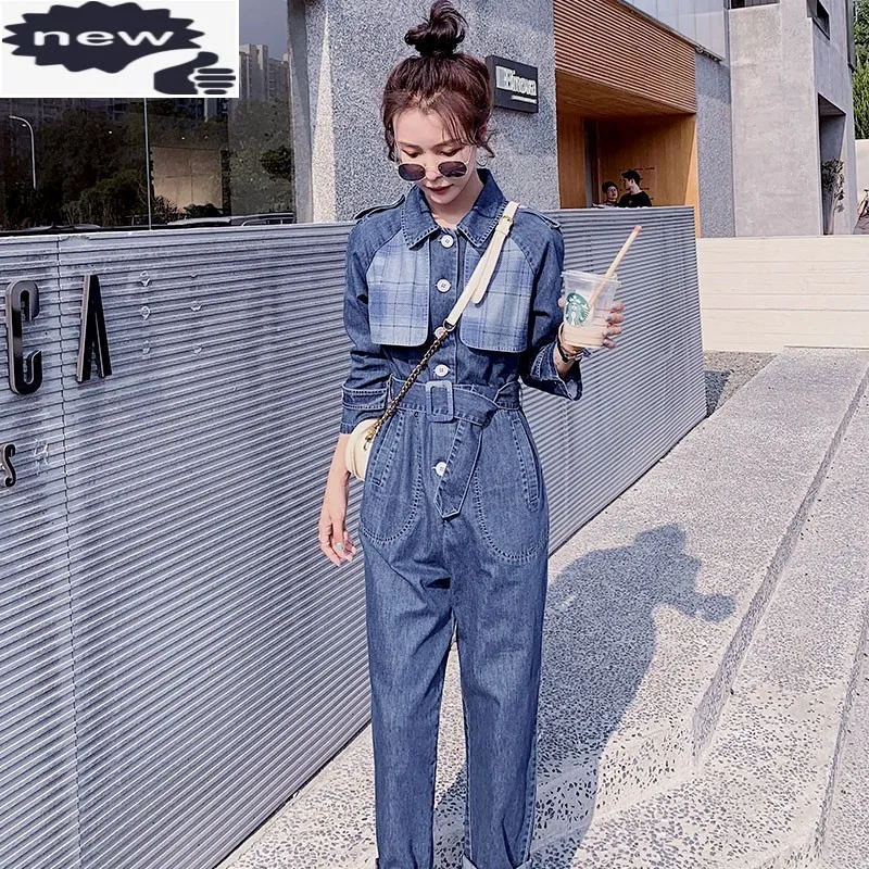 Women Denim Overalls Autumn New High Waist Slim Sashes Trousers Street Office Plaid Blue Full Sleeve Rompers Womens Jumpsuit