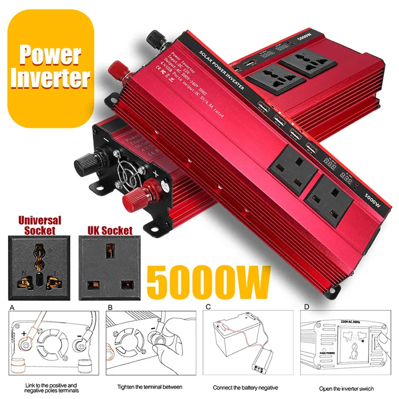 

Автомобильный инвертор DC 12/14V В AC 110/220V 5000W, трансформатор пиковой мощности, преобразователь напряжения, модифицированный синусоидальный Сол...