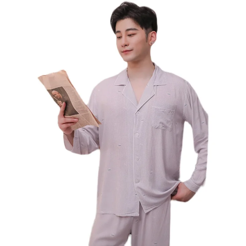 

2021 New Cardigan Couple Pajamas Women's Spring and Autumn Rayon Home Wear Men's Thin Bourette Suit Summer
