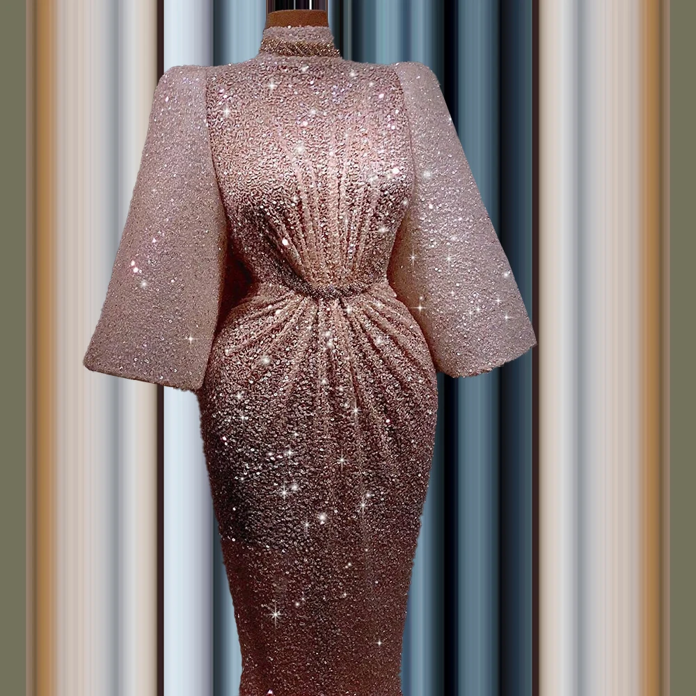 Glitter 3/4 Sleeves High Neck sukienki damskie Plus Size sukienka  Rose Pink платья для выпускного вечера vestidos formales
