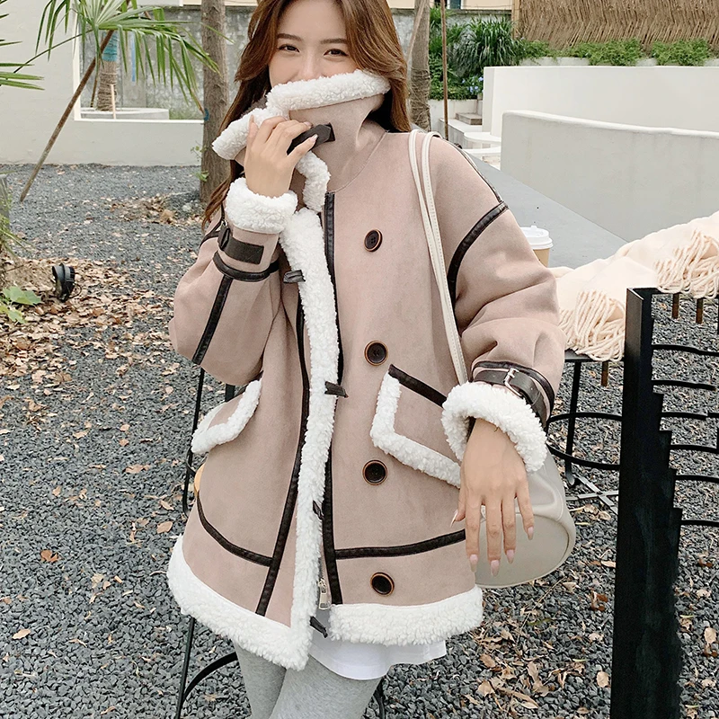 

Women's Aviator Jacket Winter Short Thickened Lamb-like Fur Wool One Korean Loose Deerskin Velvet Long Sleeve Stand Collar Coat
