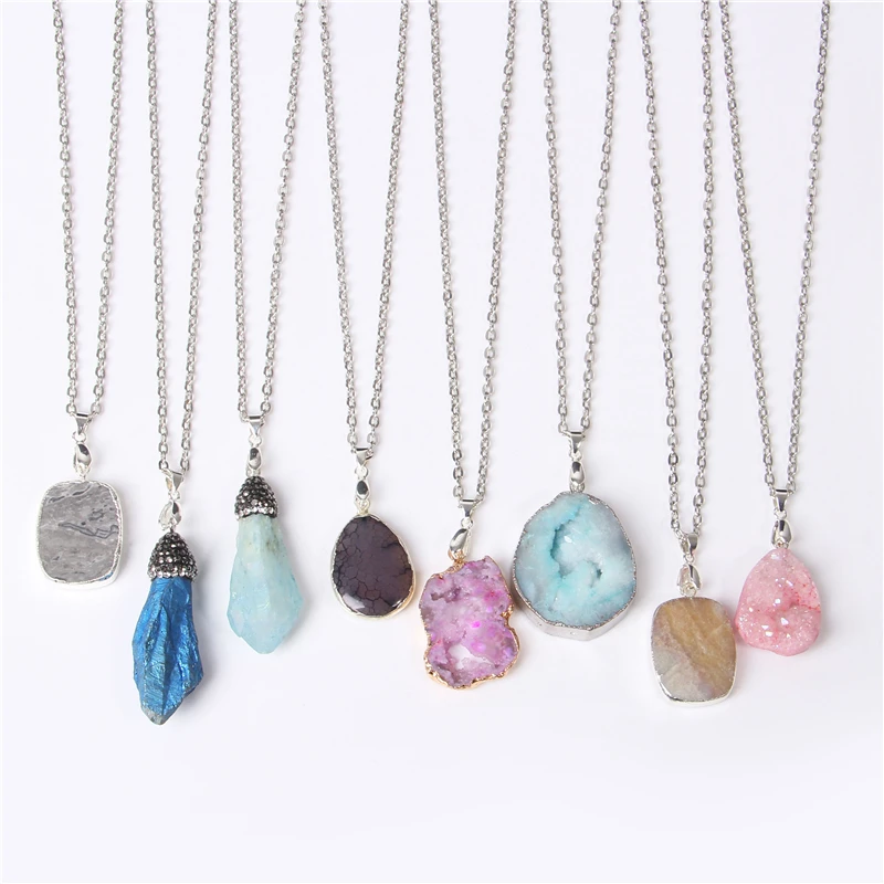 

Rough Druzy Stone Necklaces Women Geometric Irregular Druzy Agates Pendant Geode Lava Crystal Quartz Necklace Charms Jewelry