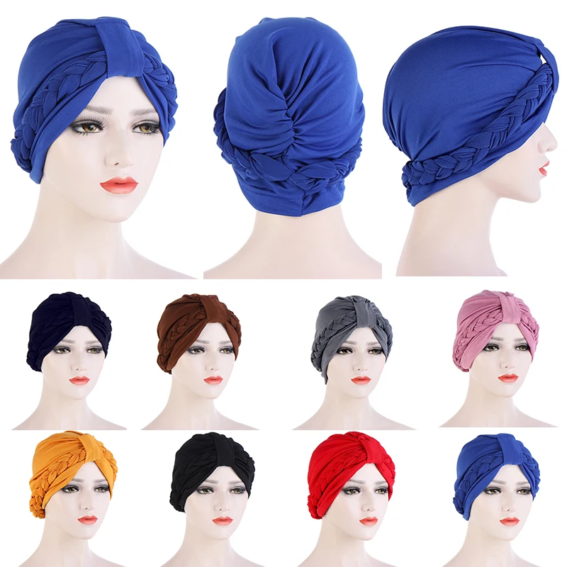 

New Fashion Women Braid Hat Western Style All-match Solid Color Turban Hat Winter Warm Simple Stylish Pullover Hat Baotou Cap