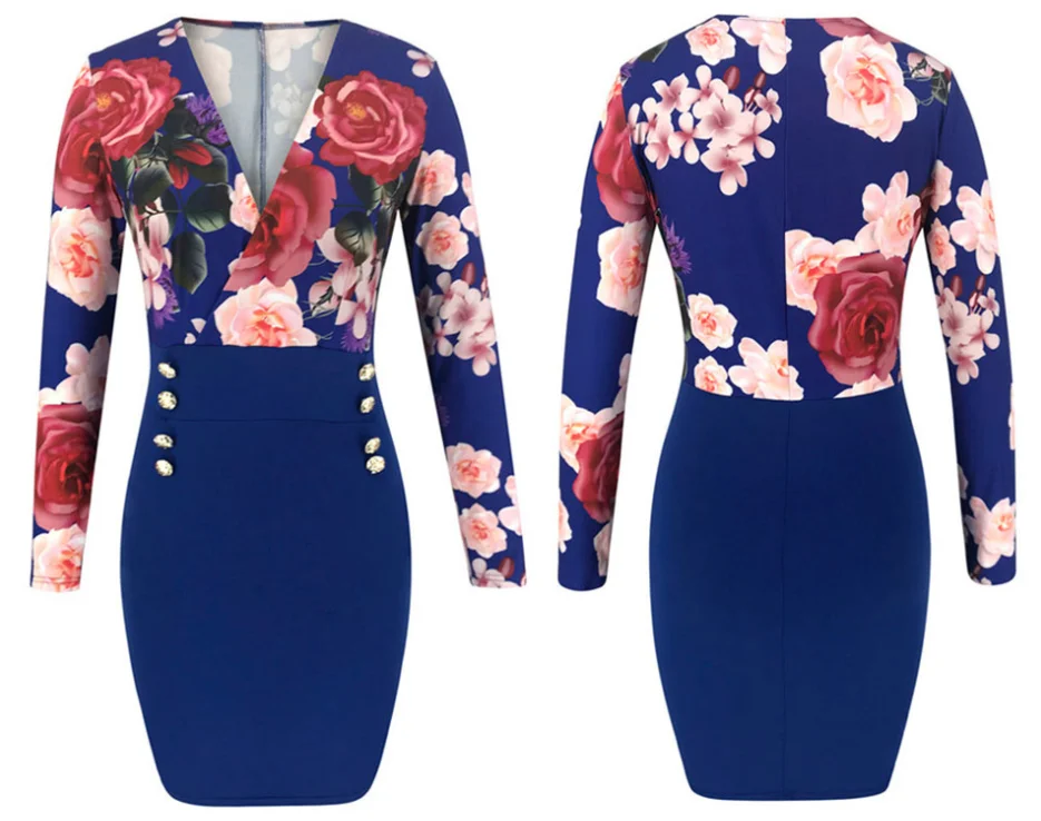 Модное осеннее офисное женское облегающее мини-платье с цветочным принтом и