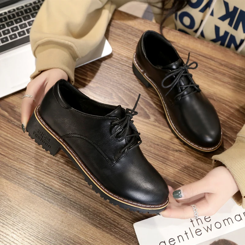 

Solid Leather Casual Shoes Woman Flats New Autumn Winter Oxford Shoes for Women Lace Up Thick Bottom Round Toe Platform Shoes