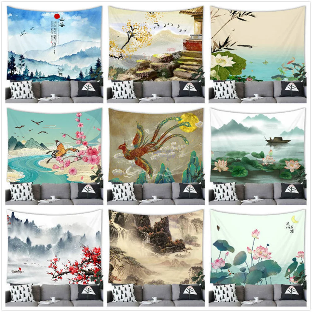 

Living Room Bedroom Tapestry Decoration Tapestries Chinese Landscape Lotus Pond Landscape Brushed Cloth Tapestry Wall Hangin