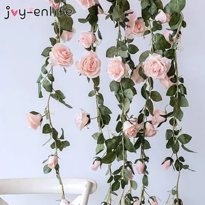 Висячие Цветы, шелковая искусственная Роза, для украшения стен, ротанг, искусственные листьев растений, гирлянда, Романтический, Свадебный, домашний декор
