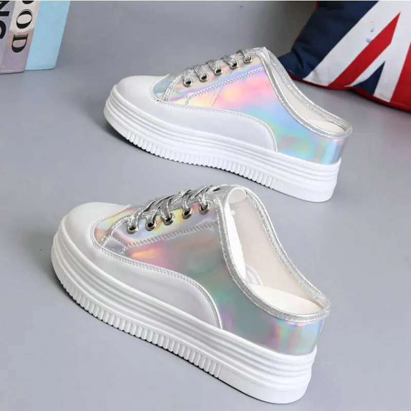 

Woman Sneakers Platform Casual Increase Zapatillas Mujer flats Femme wedges Laser Bling half slipper shoes high heel 8CM NA-34