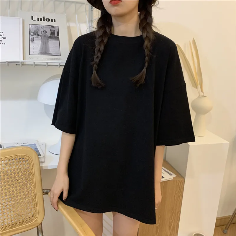 

2021 New Korean Style Female T- Shirt Pure Color Oversized Women Tops Harajuku Simple Basic Tee Shirt Casual White Giyu