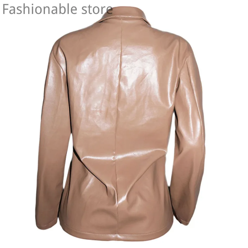 

Women Solid Color Long Sleeve PU Faux Leather Pocket Jacket Coat