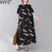 nyfs 2021 new summer dress vintage loose printing woman dress vestidos elbise women shirt dress