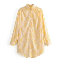 women yellow flower jacquard weave fabric oversize shirt spring autum summer turn down collar long sleeve satin top s m l wear
