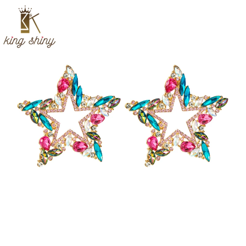 

King Shiny Exaggerated Multi Color Crystal Star Stud Earrings Luxury Gem Diamond Statement Earrings Female Party Jewelry Brincos