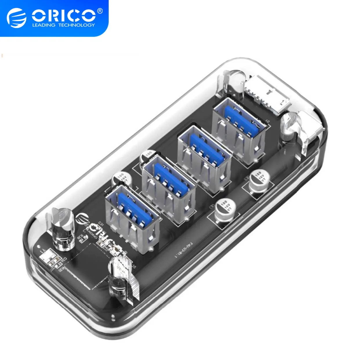 Прозрачный сплиттер-Концентратор ORICO с 4 портами s USB3.0 двойным портом питания Micro