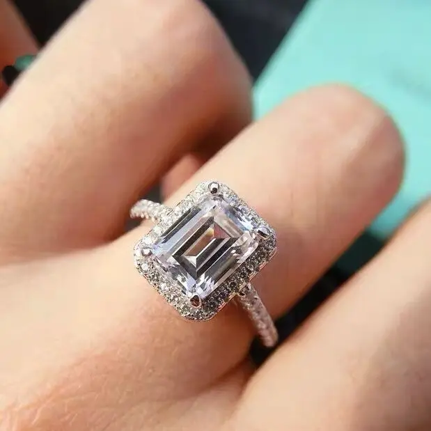 Твердые Настоящее 925 Серебряное кольцо Мода Подушка Cut палец с бриллиантом CZ