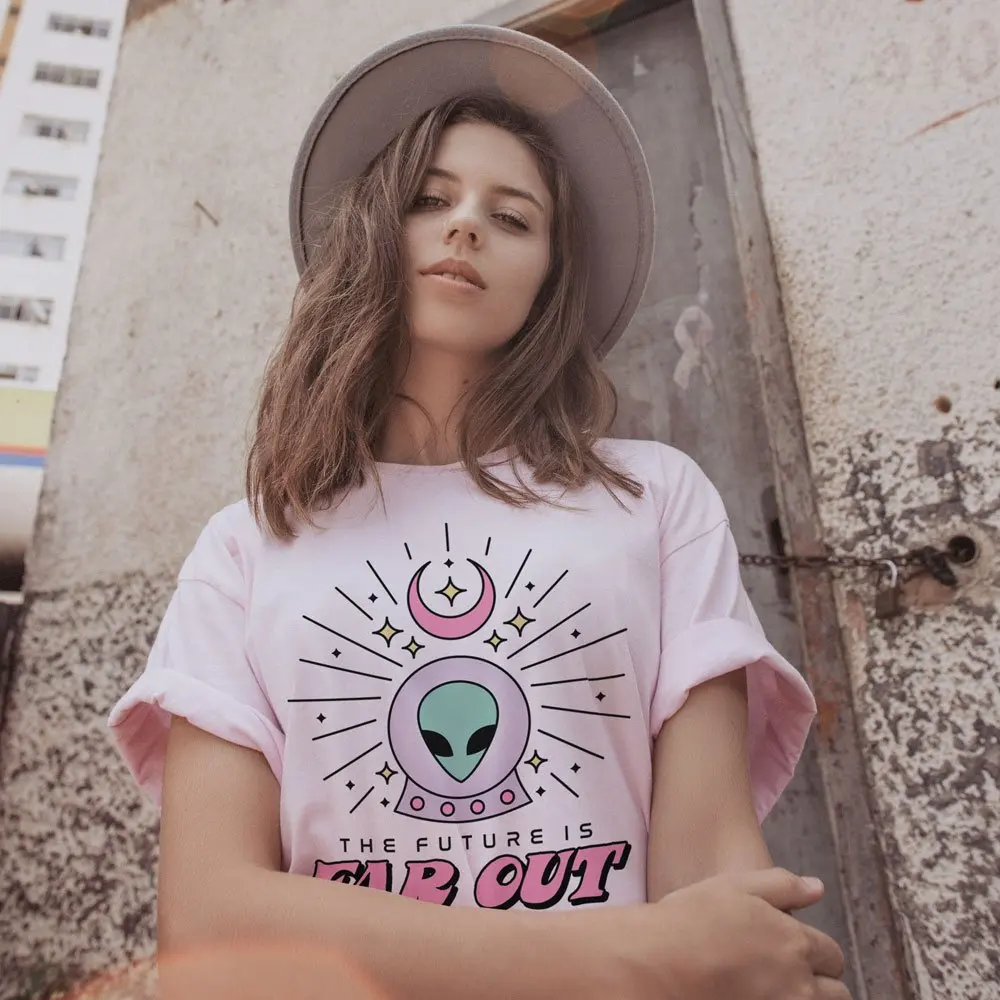2020 Женская Винтажная Футболка с принтом топы коротким рукавом инопланетянином