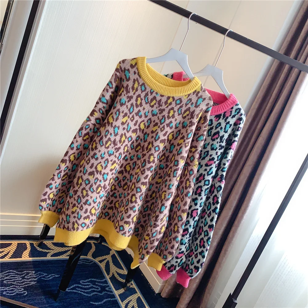 

New Fashion Leopard Pullover Sweaters Women's Korean Style Loose Oversized Jumper Harajuku Knitted Crop Toppies Ladies Clothes