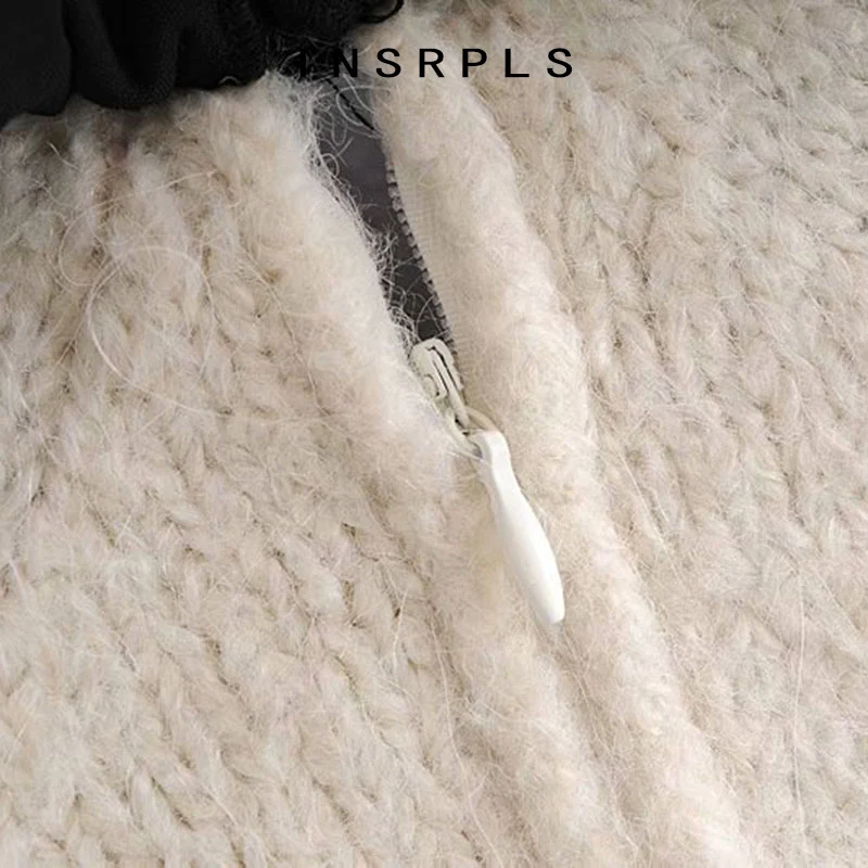 

INSRPLS Women Sweet Fashion Patchwork Ruffle Knitted Sweater Vintage Bow Tied Lantern Sleeve Female Pullovers Chic Tops