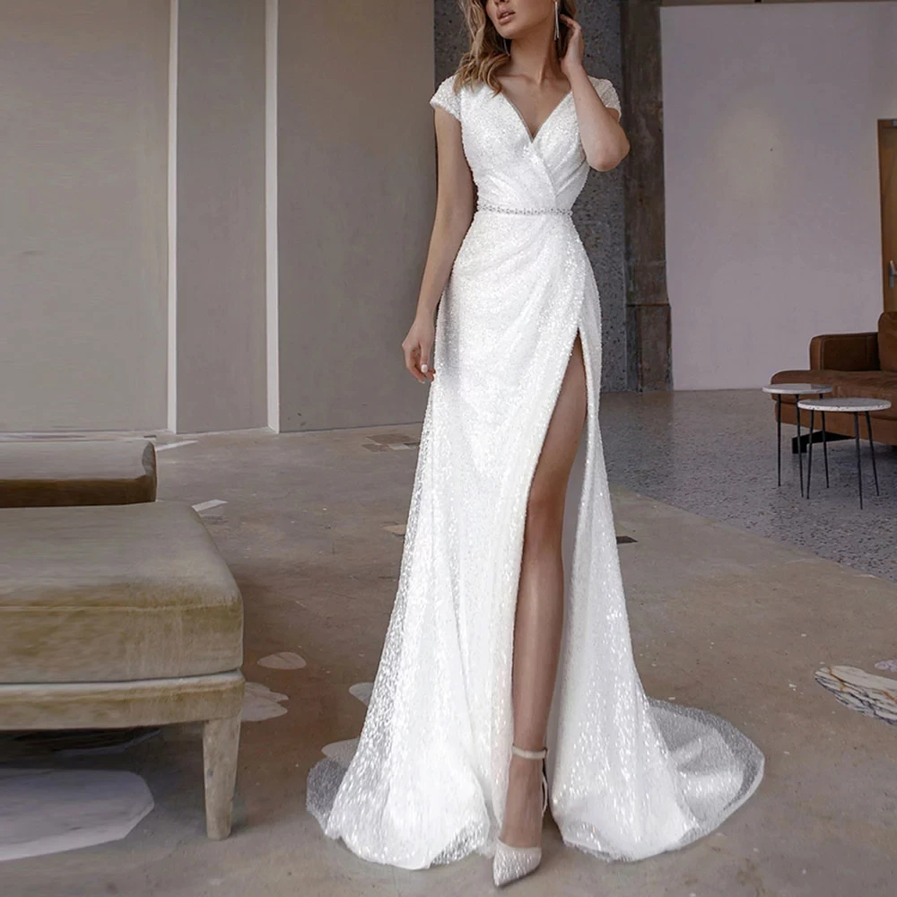 

Charming Prom Dresses Sashes Beading Slide Split V-Neck Short Sleeve Backless A-Line Gowns Vestidos Novia Do 2021