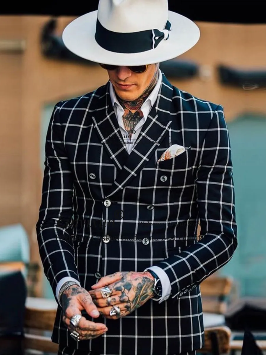 

Classic Latest Coat Pant Designs Double Breasted Men's Suits Casual Slim Fit Wedding Blazer Black Check Plaid Tuxedos Jacket
