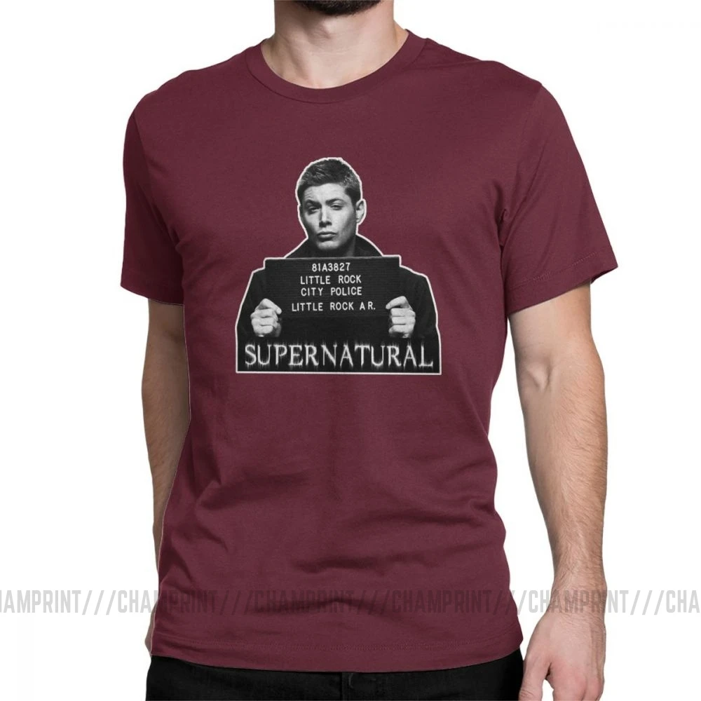 Dean Mugshot футболка Сверхъестественное SPN Brothers футболка мужские топы размера плюс забавная футболка с круглым вырезом из чистого хлопка - Цвет: Бургундия